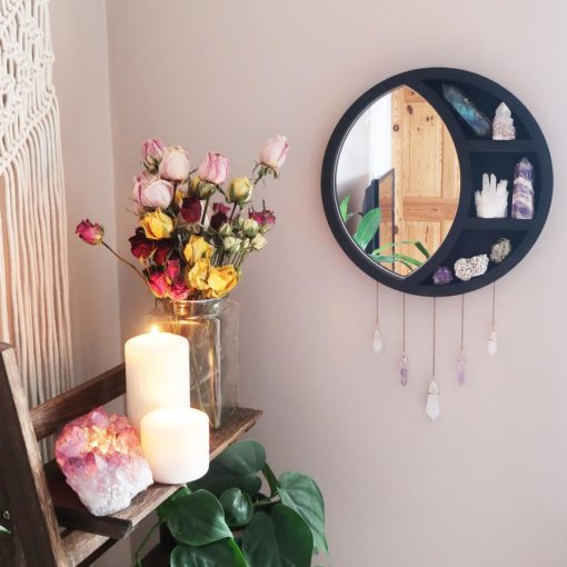 Crescent Moon Mirror Wooden Crystal Shelf copperm 1